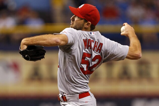 St. Louis Cardinals starting pitcher Michael Wacha throws during the first inning of a baseball game against the Tampa Bay Rays Wednesday, June 11, 2014, in St. Petersburg, Fla. (AP Photo/Mike Carlson)