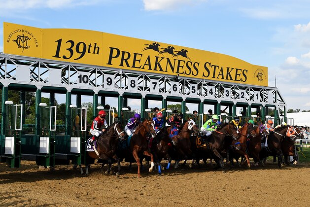 BALTIMORE, MD - MAY 17:  The field breaks from the gate during the 139th running of the Preakness Stakes at Pimlico Race Course on May 17, 2014 in Baltimore, Maryland.  (Photo by Molly Riley/Getty Images)