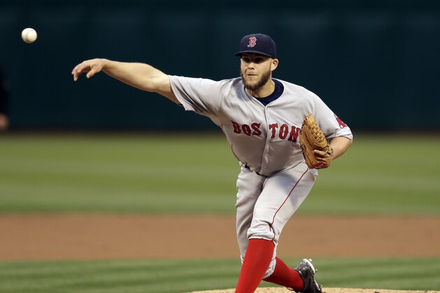 Boston Red Sox pitcher  Justin Masterson works against the Oakland Athletics in the first inning of a baseball game Tuesday, May 12, 2015, in Oakland, Calif. (AP Photo/Ben Margot)