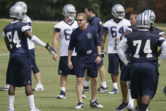 Dallas Cowboys head coach Jason Garrett listens to players during an NFL football rookie minicamp, Friday, May 8, 2015, in Irving, Texas. (AP Photo/LM Otero)
