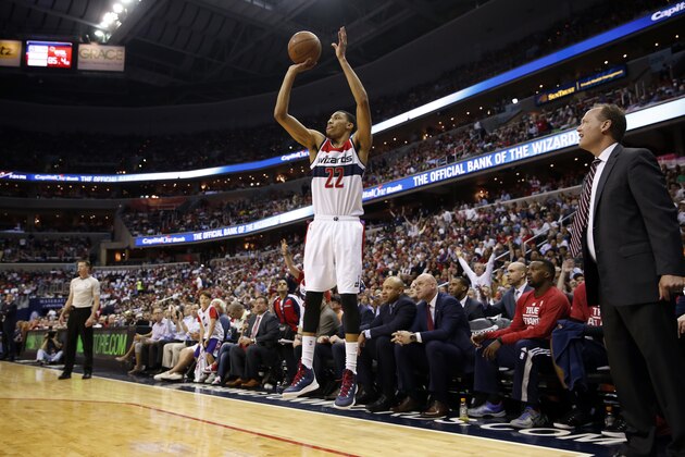 Washington Wizards forward Otto Porter Jr. (22) shoots in the first half of Game 4 of the second round of the NBA basketball playoffs against the Atlanta Hawks, Monday, May 11, 2015, in Washington. The Hawks won 106-101. (AP Photo/Alex Brandon)
