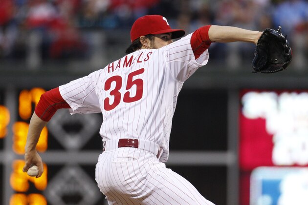Philadelphia Phillies starting pitcher Cole Hamels in action during the third inning of a baseball game against the Pittsburgh Pirates, Wednesday, May 13, 2015, in Philadelphia. The Phillies won 3-2. (AP Photo/Chris Szagola)