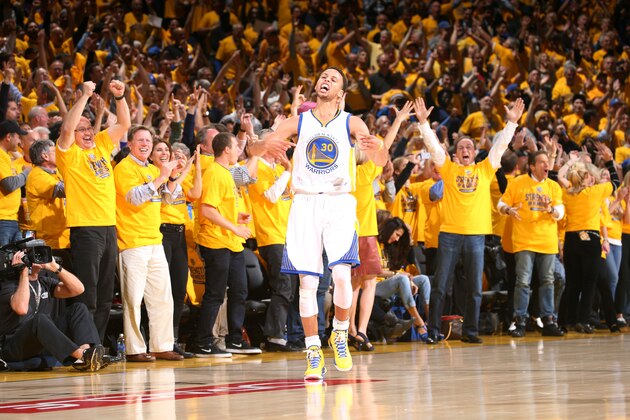 OAKLAND, CA - MAY 13: Stephen Curry #30 of the Golden State Warriors celebrates during a game against the Memphis Grizzlies in Game Five of the Western Conference Semifinals during the NBA Playoffs on May 13, 2015 at Oracle Arena in Oakland, California. NOTE TO USER: User expressly acknowledges and agrees that, by downloading and or using this photograph, user is consenting to the terms and conditions of Getty Images License Agreement. Mandatory Copyright Notice: Copyright 2015 NBAE (Photo by Joe Murphy/NBAE via Getty Images)