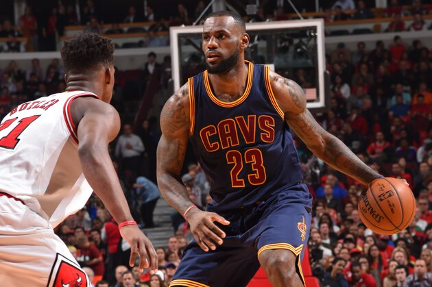CHICAGO,IL :  LeBron James #23 of the Cleveland Cavaliers dribbles the ball against the Chicago Bulls at the United Center During Game Six of the Eastern Conference Semifinals during the 2015 NBA Playoffs on May 14, 2015 in Chicago,Illinois NOTE TO USER: User expressly acknowledges and agrees that, by downloading and/or using this Photograph, user is consenting to the terms and conditions of the Getty Images License Agreement. Mandatory Copyright Notice: Copyright 2015 NBAE (Photo by Jesse D. Garrabrant/NBAE via Getty Images)