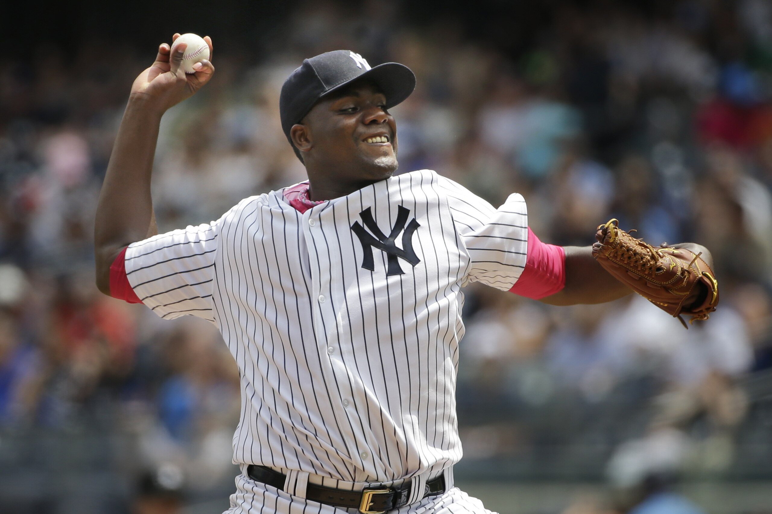 New York Yankees starting pitcher Michael Pineda throws during the second inning of the baseball game against the Baltimore Orioles at Yankee Stadium, Sunday, May 10, 2015, in New York. (AP Photo/Seth Wenig)