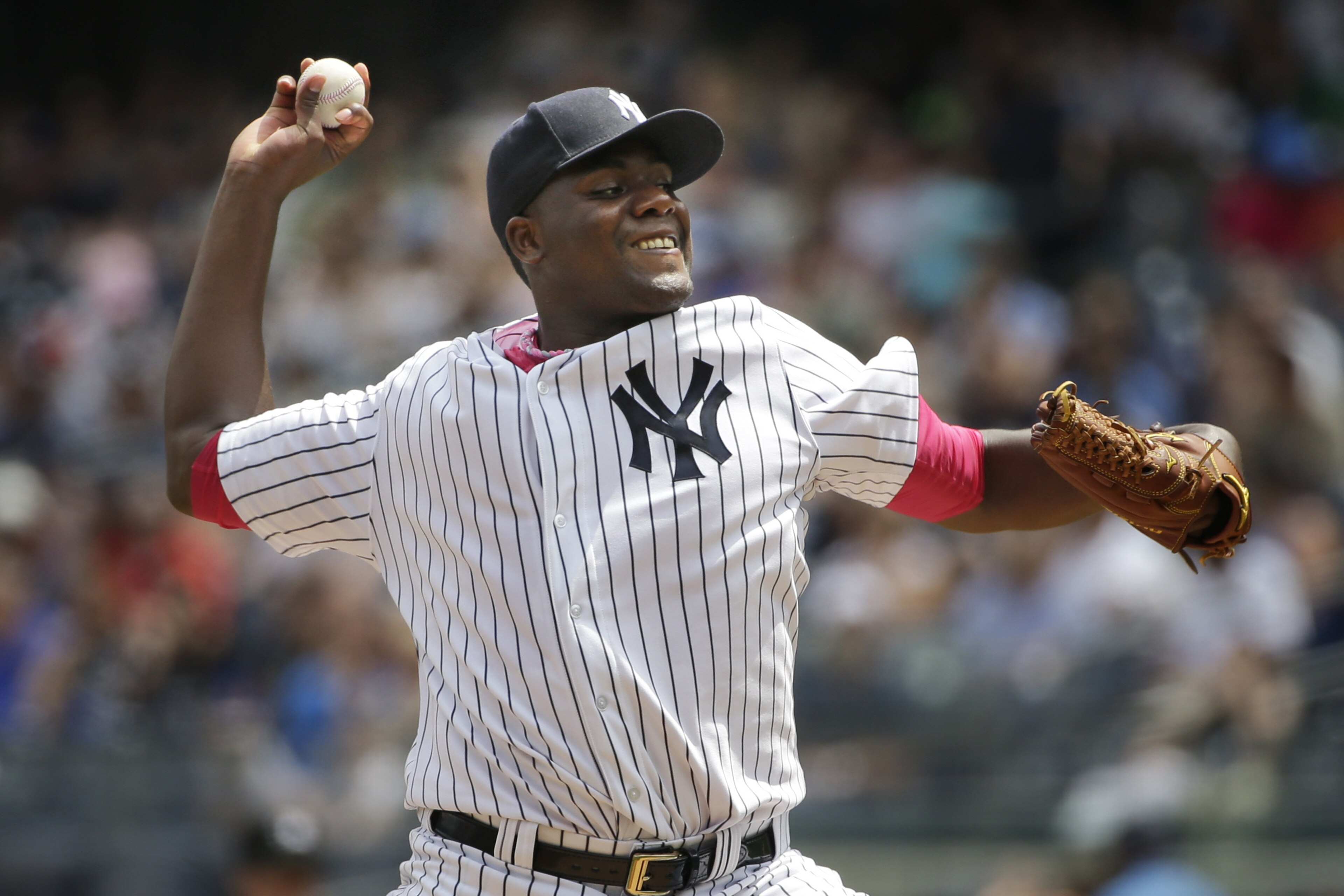 New York Yankees starting pitcher Michael Pineda throws during the second inning of the baseball game against the Baltimore Orioles at Yankee Stadium, Sunday, May 10, 2015, in New York. (AP Photo/Seth Wenig)