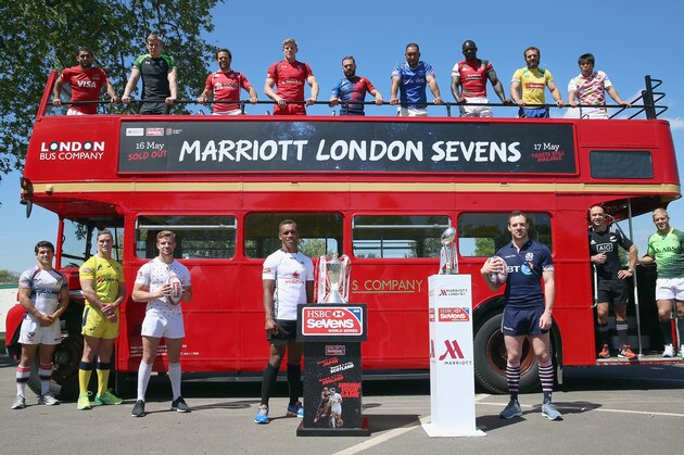 BARNES, ENGLAND - MAY 13:  The 16 international captains during the Marriott London Sevens Launch on May 13, 2015 in Barnes, England. The tournament will take place at Twickenham stadium on 16 and17 May. The captains, in no particular order, are Gaston Revol (Argentina), Ed Jenkins (Australia), Fernando Portugal (Brazil), John Moonlight (Canada), Tom Mitchell (England), Osea Kolinisau (Fiji), Terry Bouhraoua (France), Katsuyuki Sakai (Japan), Andrew Amonde (Kenya), D J Forbes (New Zealand), Pedro Leal (Portugal), Lolo Lui (Samoa), Scott Riddell (Scotland), Kyle Brown (South Africa),  Madison Hughes (the United States) and Jevon Groves (Wales).  (Photo by Andrew Redington/Getty Images for RFU)