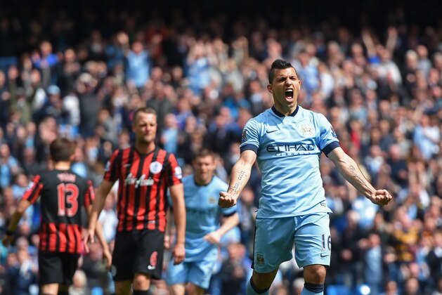 MANCHESTER, ENGLAND - MAY 10:  Sergio Aguero of Manchester City celebrates after scoring his team's fourth goal from the penalty spot during the Barclays Premier League match between Manchester City and Queens Park Rangers at the Etihad Stadium on May 10, 2015 in Manchester, England.  (Photo by Michael Regan/Getty Images)
