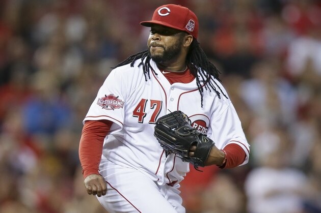 Cincinnati Reds starting pitcher Johnny Cueto throws in the fifth inning of a baseball game against the San Francisco Giants, Thursday, May 14, 2015, in Cincinnati. The Reds won 4-3. (AP Photo/John Minchillo)
