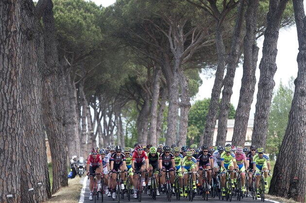 Cyclists pedal during the sixth leg of the Giro d'Italia, Tour of Italy cycling race from Montecatini Terme to Castiglione della Pescaia, Italy, Thursday, May 14, 2015. (Claudio Peri/ANSA via AP)  ITALY OUT