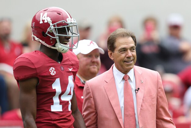 Apr 18, 2015; Tuscaloosa, AL, USA; Alabama Crimson Tide head coach Nick Saban talks with wide receiver Deionte Thompson (14) during the A-day game at Bryant Denny Stadium. Mandatory Credit: Marvin Gentry-USA TODAY Sports