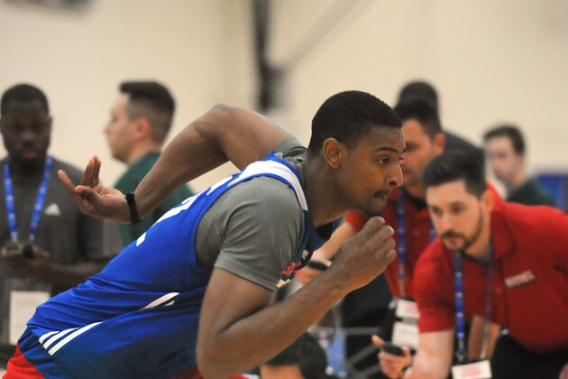 CHICAGO, IL - MAY 14:  Jordan Mickey #42 begins an agility drill during the 2015 NBA Draft Combine on May 14, 2015 at Quest Multiplex in Chicago, Illinois. NOTE TO USER: User expressly acknowledges and agrees that, by downloading and/or using this photograph, user is consenting to the terms and conditions of the Getty Images License Agreement.  Mandatory Copyright Notice: Copyright 2013 NBAE (Photo by Randy Belice/NBAE via Getty Images)