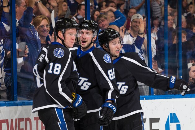 TAMPA, FL - MARCH 7: Nikita Kucherov #86 of the Tampa Bay Lightning celebrates his goal with Ondrej Palat #18 and Tyler Johnson #9 during the first period against the Dallas Stars at the Amalie Arena on March 7, 2015 in Tampa, Florida.  (Photo by Scott Audette/NHLI via Getty Images)