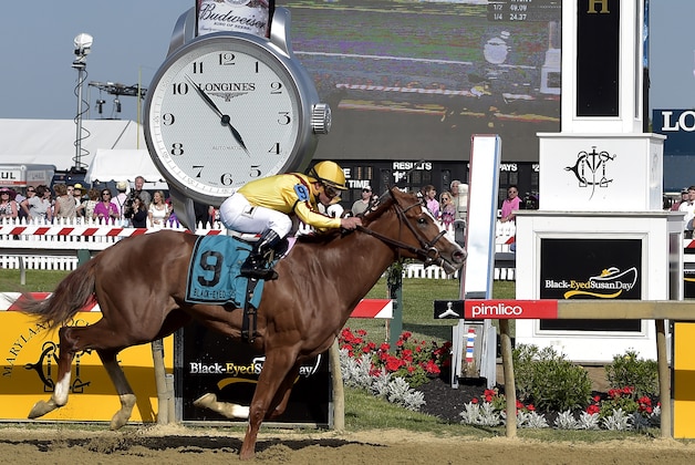 Javier Castellano rides Keen Pauline to a win during the Black-Eyed Susan horse race at Pimlico Race Course, Friday, May 15, 2015, in Baltimore. The 140th Preakness horse race takes place Saturday. (AP Photo/Mike Stewart)