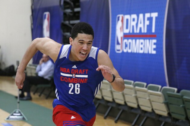 Kentucky's Devin Booker participates in the NBA basketball combine Friday, May 15, 2015, in Chicago. (AP Photo/Charles Rex Arbogast)