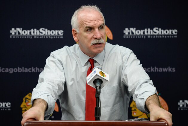 CHICAGO, IL - MARCH 30:  Head coach Joel Quenneville of the Chicago Blackhawks speaks at a press conference following a 4-1 victory over the Los Angeles Kings after the NHL game at the United Center on March 30, 2015 in Chicago, Illinois.  (Photo by Bill Smith/NHLI via Getty Images)