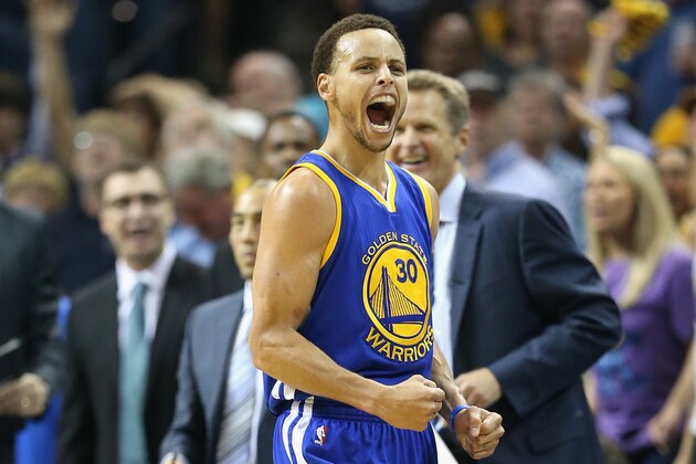 MEMPHIS, TN - MAY 15:  Stephen Curry #30 of the  Golden State Warriors celebrates after making a basket to end the third quarter against the Memphis Grizzlies during Game six of the Western Conference Semifinals of the 2015 NBA Playoffs at FedExForum on May 15, 2015 in Memphis, Tennessee.  NOTE TO USER: User expressly acknowledges and agrees that, by downloading and or using this photograph, User is consenting to the terms and conditions of the Getty Images License Agreement  (Photo by Andy Lyons/Getty Images)