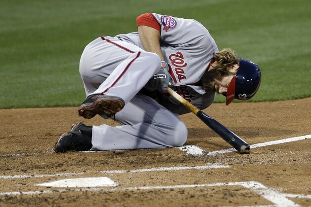 Washington Nationals' Jayson Werth falls after being hit by a pitch while playing against the San Diego Padres during the second inning in a baseball game Friday, May 15, 2015, in San Diego. (AP Photo/Gregory Bull)