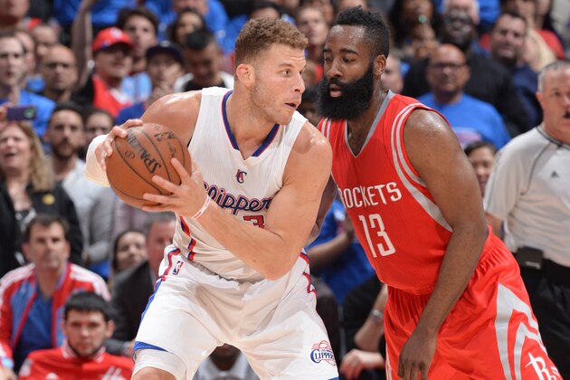 LOS ANGELES, CA - MAY 14:  Blake Griffin #32 of the Los Angeles Clippers handles the ball against James Harden #13 of the Houston Rockets in Game Six of the Western Conference Semifinals during the 2015 NBA Playoffs on May 14, 2015 at Staples Center in Los Angeles, California. NOTE TO USER: User expressly acknowledges and agrees that, by downloading and or using this Photograph, user is consenting to the terms and conditions of the Getty Images License Agreement. Mandatory Copyright Notice: Copyright 2015 NBAE (Photo by Andrew D. Bernstein/NBAE via Getty Images)