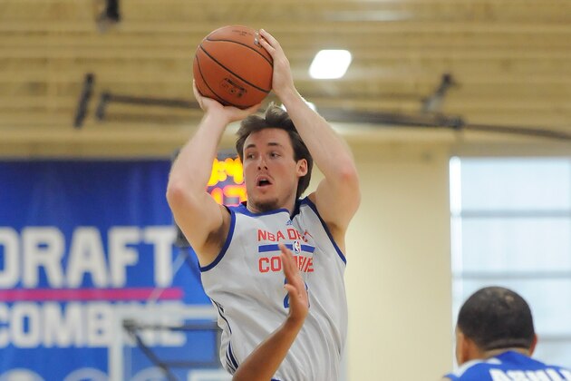 CHICAGO, IL - MAY 14:  Pat Connaughton #28 shoots the ball over Corey Hawkins #33 and Brandon Ashley #25 during the 2015 NBA Draft Combine on May 14, 2015 at Quest Multiplex in Chicago, Illinois. NOTE TO USER: User expressly acknowledges and agrees that, by downloading and/or using this photograph, user is consenting to the terms and conditions of the Getty Images License Agreement.  Mandatory Copyright Notice: Copyright 2013 NBAE (Photo by Randy Belice/NBAE via Getty Images)