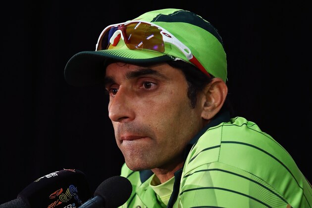 ADELAIDE, AUSTRALIA - MARCH 20: Misbah ul Haq of Pakistan looks on during the post match press conference after the 2015 ICC Cricket World Cup match between Australian and Pakistan at Adelaide Oval on March 20, 2015 in Adelaide, Australia.  (Photo by Morne de Klerk/Getty Images)