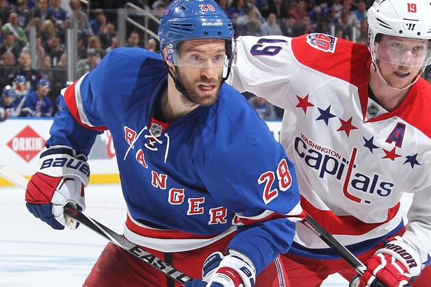 NEW YORK, NY - MAY 13:  Dominic Moore #28 of the New York Rangers skates against Nicklas Backstrom #19 of the Washington Capitals in Game Seven of the Eastern Conference Semifinals during the 2015 NHL Stanley Cup Playoffs at Madison Square Garden on May 13, 2015 in New York City. The New York Rangers won 2-1 in overtime. (Photo by Jared Silber/NHLI via Getty Images)