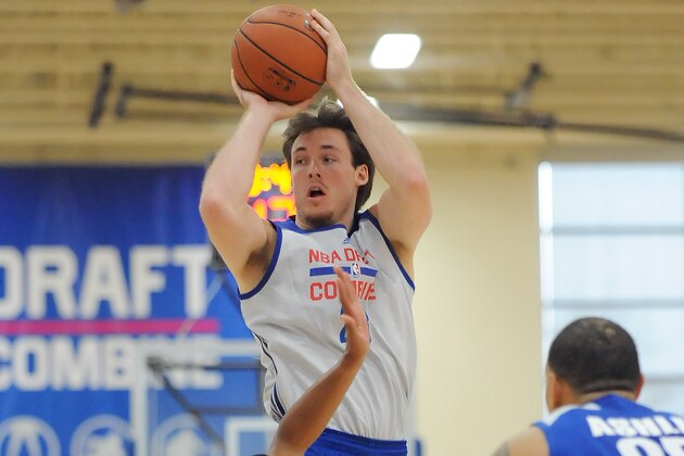 CHICAGO, IL - MAY 14:  Pat Connaughton #28 shoots the ball over Corey Hawkins #33 and Brandon Ashley #25 during the 2015 NBA Draft Combine on May 14, 2015 at Quest Multiplex in Chicago, Illinois. NOTE TO USER: User expressly acknowledges and agrees that, by downloading and/or using this photograph, user is consenting to the terms and conditions of the Getty Images License Agreement.  Mandatory Copyright Notice: Copyright 2013 NBAE (Photo by Randy Belice/NBAE via Getty Images)