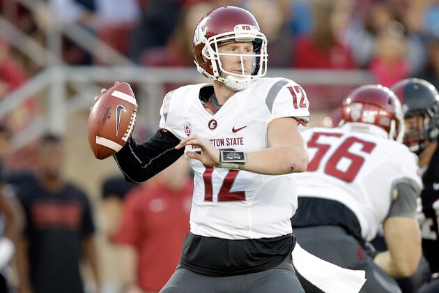 PALO ALTO, CA - OCTOBER 10:  Connor Halliday #12 of the Washington State Cougars in action against the Stanford Cardinal at Stanford Stadium on October 10, 2014 in Palo Alto, California.  (Photo by Ezra Shaw/Getty Images)