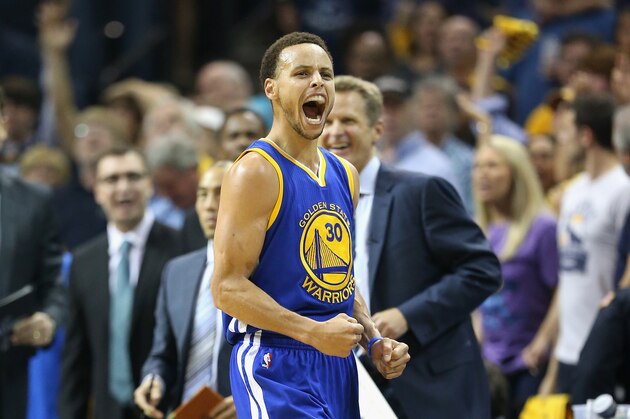 MEMPHIS, TN - MAY 15:  Stephen Curry #30 of the  Golden State Warriors celebrates after making a basket to end the third quarter against the Memphis Grizzlies during Game six of the Western Conference Semifinals of the 2015 NBA Playoffs at FedExForum on May 15, 2015 in Memphis, Tennessee.  NOTE TO USER: User expressly acknowledges and agrees that, by downloading and or using this photograph, User is consenting to the terms and conditions of the Getty Images License Agreement  (Photo by Andy Lyons/Getty Images)