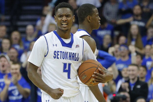 Jan 31, 2015; Newark, NJ, USA; Seton Hall Pirates guard Sterling Gibbs (4) savors victory over the Xavier Musketeers at the Prudential Center. Seton Hall Pirates defeated the Xavier Musketeers 90-82. Mandatory Credit: Jim O'Connor-USA TODAY Sports Jan 31, 2015; Newark, NJ, USA; Seton Hall Pirates guard Sterling Gibbs (4) savors victory over the Xavier Musketeers at the Prudential Center. Seton Hall Pirates defeated the Xavier Musketeers 90-82. Mandatory Credit: Jim O'Connor-USA TODAY Sports