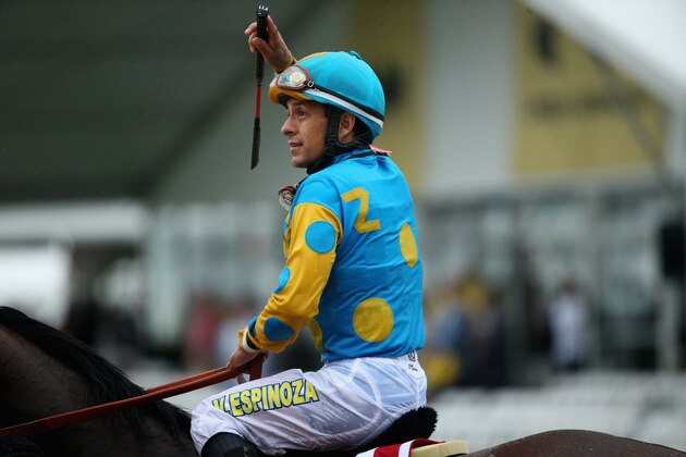 BALTIMORE, MD - MAY 16:  American Pharoah #1 ridden by Victor Espinoza acknowledges the crowd after winning the 140th running of the Preakness Stakes at Pimlico Race Course on May 16, 2015 in Baltimore, Maryland.  (Photo by Patrick Smith/Getty Images)