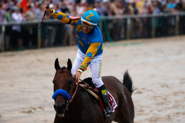 BALTIMORE, MD - MAY 16:  American Pharoah #1 ridden by Victor Espinoza crosses the finish line to win the 140th running of the Preakness Stakes at Pimlico Race Course on May 16, 2015 in Baltimore, Maryland.  (Photo by Rob Carr/Getty Images)