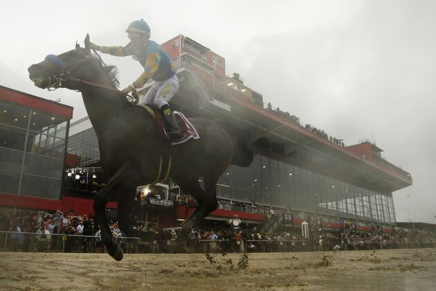 American Pharoah, ridden by Victor Espinoza  wins the 140th Preakness Stakes horse race at Pimlico Race Course, Saturday, May 16, 2015, in Baltimore. (AP Photo/Matt Slocum)
