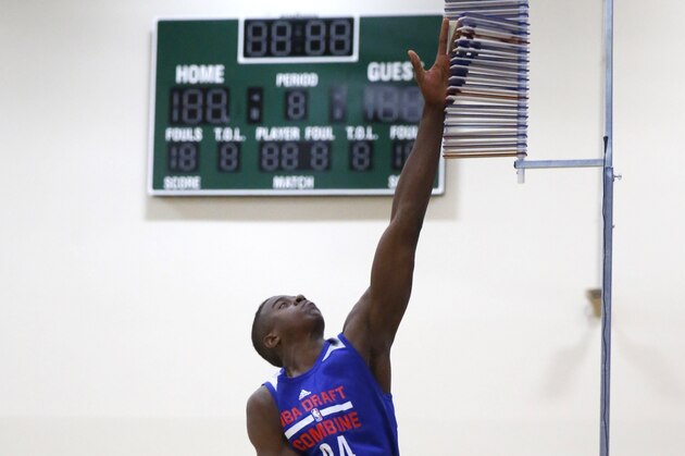 George de Paula from Brazil participates in the NBA basketball combine Thursday, May 14, 2015, in Chicago. (AP Photo/Charles Rex Arbogast)