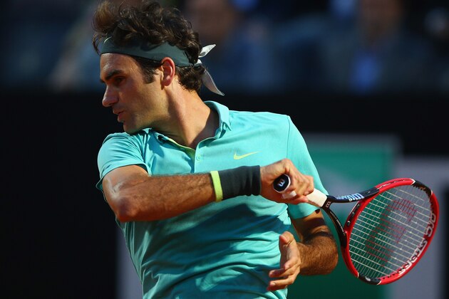 ROME, ITALY - MAY 13:  Roger Federer of Switzerland in action during his match against Pablo Cuevas of Uruguay on Day Four of the The Internazionali BNL d'Italia 2015 on May 13, 2015 in Rome, Italy.  (Photo by Ian Walton/Getty Images)