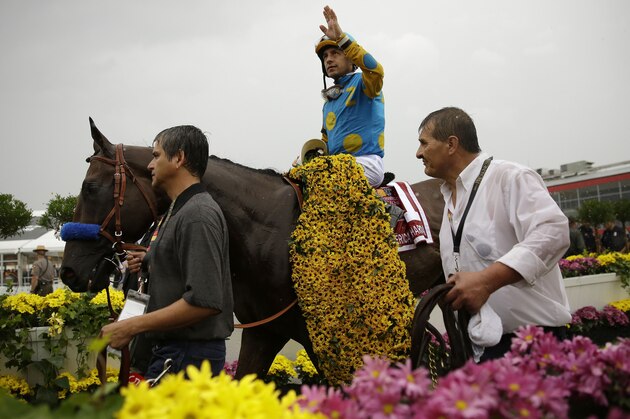 American Pharoah with Victor Espinoza aboard walks into the winners circle at the 140th Preakness Stakes horse race at Pimlico Race Course, Saturday, May 16, 2015, in Baltimore. (AP Photo/Matt Slocum)