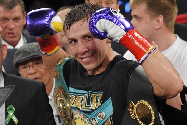 Gennady Golovkin, of Kazakhstan, poses after defeating Willie Monroe Jr. in a middleweight boxingbout, Saturday, May 16, 2015, in Inglewood, Calif. Golovkin won when the fight was stopped in the sixth round. (AP Photo/Mark J. Terrill)