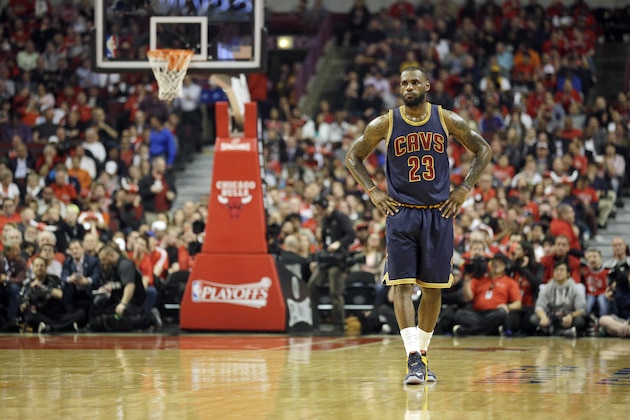 Cleveland Cavaliers forward LeBron James (23) watches against the Chicago Bulls during the first half of Game 6 in a second-round NBA basketball playoff series in Chicago on Thursday, May 14, 2015. (AP Photo/Nam Y. Huh)