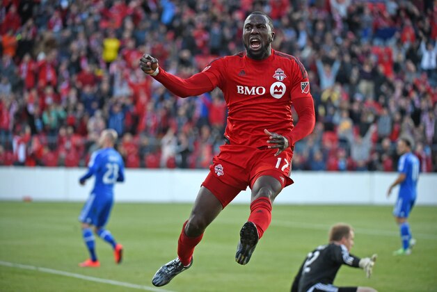 May 13, 2015; Toronto, Ontario, Canada;  Toronto FC forward Jozy Altidore (17) celebrates after scoring against Montreal Impact in the first half of an Amway Canadian Championship game at BMO Field. Mandatory Credit: Dan Hamilton-USA TODAY Sports