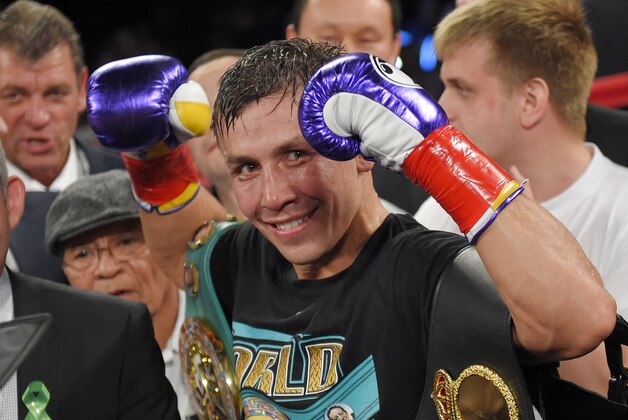 Gennady Golovkin, of Kazakhstan, poses after defeating Willie Monroe Jr. in a middleweight boxingbout, Saturday, May 16, 2015, in Inglewood, Calif. Golovkin won when the fight was stopped in the sixth round. (AP Photo/Mark J. Terrill)