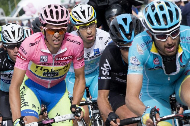 Overall leader Alberto Contador, of Spain, wears the pink jersey during the eight leg of the Giro d'Italia, Tour of Italy cycling race  from  Fiuggi to Campitello Matese, Italy, Saturday, May 16, 2015. (Claudio Peri/ANSA via AP)  ITALY OUT