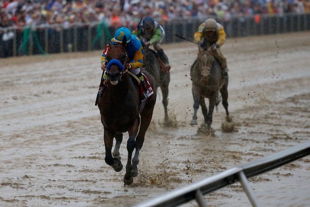 BALTIMORE, MD - MAY 16:  American Pharoah #1 ridden by Victor Espinoza races to the finish line to win the 140th running of the Preakness Stakes at Pimlico Race Course on May 16, 2015 in Baltimore, Maryland.  (Photo by Rob Carr/Getty Images)