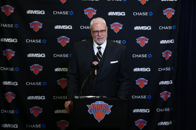 NEW YORK, NY - JANUARY 10:   President of the New York Knicks, Phil Jackson, speaks at a press conference before the game against the Charlotte Hornets on January 10, 2015 at Madison Square Garden in New York City, New York.  NOTE TO USER: User expressly acknowledges and agrees that, by downloading and or using this photograph, User is consenting to the terms and conditions of the Getty Images License Agreement. Mandatory Copyright Notice: Copyright 2015 NBAE  (Photo by Nathaniel S. Butler/NBAE via Getty Images)