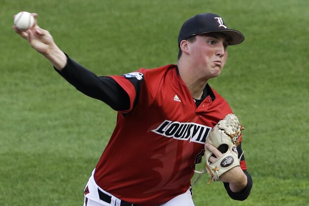 Louisville pitcher Kyle Funkhouser delivers against Vanderbilt in the first inning of an NCAA baseball College World Series game in Omaha, Neb., Saturday, June 14, 2014. (AP Photo/Nati Harnik)