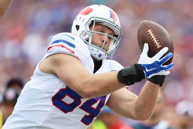 ORCHARD PARK, NY - SEPTEMBER 14:   Scott Chandler #84 of the Buffalo Bills makes a reception against the Miami Dolphins during the first half at Ralph Wilson Stadium on September 14, 2014 in Orchard Park, New York.  (Photo by Vaughn Ridley/Getty Images)