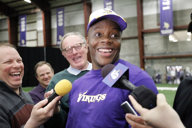 Minnesota Vikings quarterback Teddy Bridgewater talks with reporters after an NFL offseason player workout in Eden Prairie, Minn., Monday, April 27, 2015. (AP Photo/Ann Heisenfelt)