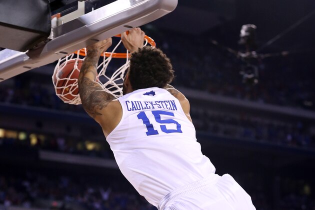 INDIANAPOLIS, IN - APRIL 04: Willie Cauley-Stein #15 of the Kentucky Wildcats goes up for a dunk in the first half against the Wisconsin Badgers during the NCAA Men's Final Four Semifinal at Lucas Oil Stadium on April 4, 2015 in Indianapolis, Indiana.  (Photo by Streeter Lecka/Getty Images)