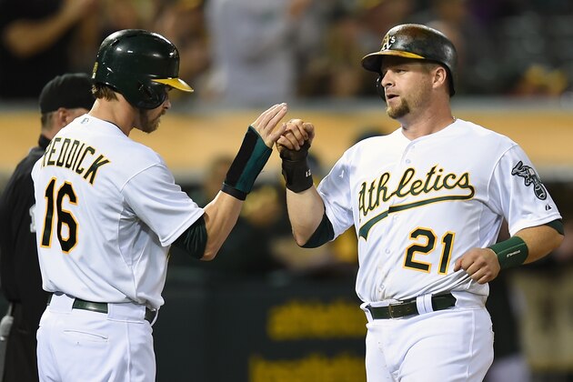 OAKLAND, CA - AUGUST 08:  Josh Reddick #16 and Stephen Vogt #21 of the Oakland Athletics celebrates after they both scored on a double from Eric Sogard #28 (not pictured) against the Minnesota Twins in the bottom of the six inning at O.co Coliseum on August 8, 2014 in Oakland, California.  (Photo by Thearon W. Henderson/Getty Images)