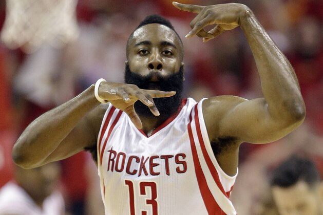 Houston Rockets guard James Harden (13) celebrates against the Los Angeles Clippers during the first half in Game 7 of the NBA basketball Western Conference semifinals Sunday, May 17, 2015, in Houston. (AP Photo/David J. Phillip)