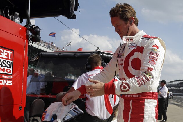 Scott Dixon, of New Zealand, prepares to drive during practice for the Indianapolis 500 auto race at Indianapolis Motor Speedway in Indianapolis, Friday, May 15, 2015. (AP Photo/Michael Conroy)